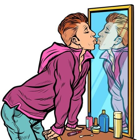 128542079 stock vector a man kisses his own reflection narcissism ego selfishness