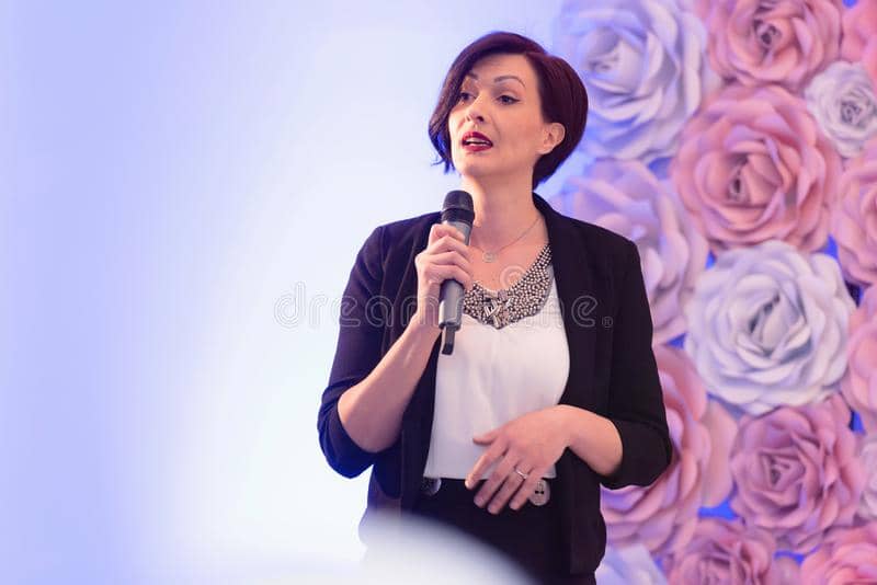 beautiful business woman microphone her hand speaking conference seminar 164918512